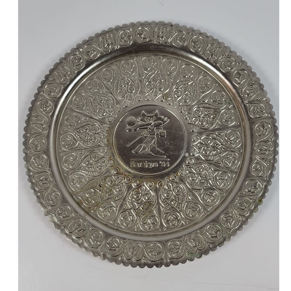 Vintage Sarajevo 84 Winter Olympics Vucko Mascot Silver Tone Plate 10.75"
